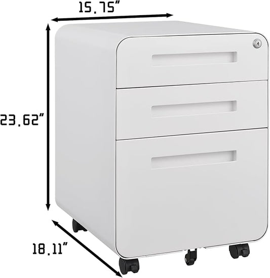 3 Drawer Mobile Desk Office with Lock and Wheels,Versatile Storage Cabinets w/Anti-Tilting Cold Rolled Steel Waterproof Moisture-Proof,for Legal/Letter/A4 Files,White