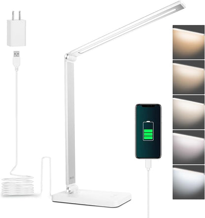 mafiti LED Desk Lamp for Home Office,Touch Desk Light 5 Light Modes 3 Brightness,Foldable Table Lamp with Adjustable Arm,Eye-Caring Lamp with USB Port, Bedside Lamp for Working Reading Study,White
