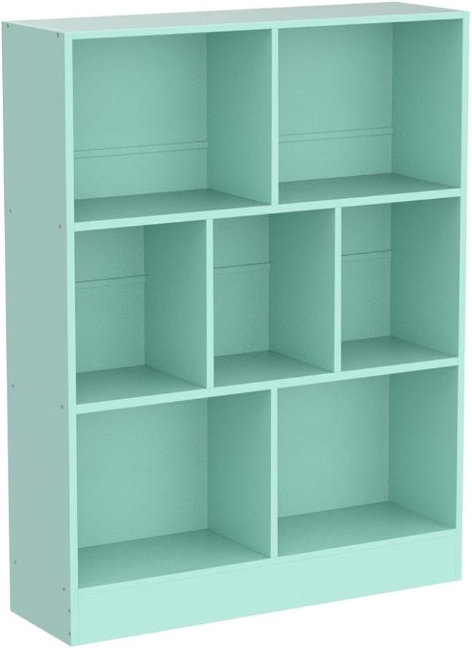 LEYAOYAO 7 Cube Bookshelf with Base,3 Tier Modern Mint-Green Kids Bookcase,Standing Wide Bookshelves Storage Organizer Toy Shelf,Wood Display Children's Book Shelves for Bedroom,Living Room,Nursery