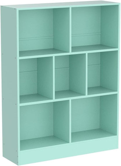 LEYAOYAO 7 Cube Bookshelf with Base,3 Tier Modern Mint-Green Kids Bookcase,Standing Wide Bookshelves Storage Organizer Toy Shelf,Wood Display Children's Book Shelves for Bedroom,Living Room,Nursery