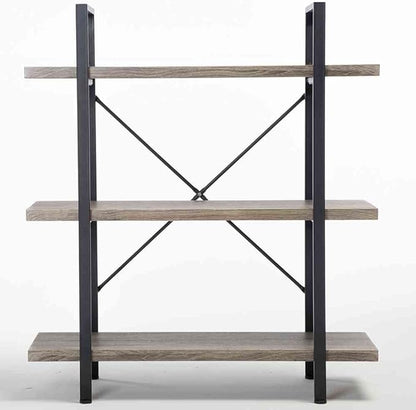 HSH 3-Shelf Bookcase, Rustic Gray 3 tier Bookshelf, Vintage Industrial Wooden and Metal Display and Storage Bookshelves Tower for Home Office Livingroom Bedroom Light Grey Oak
