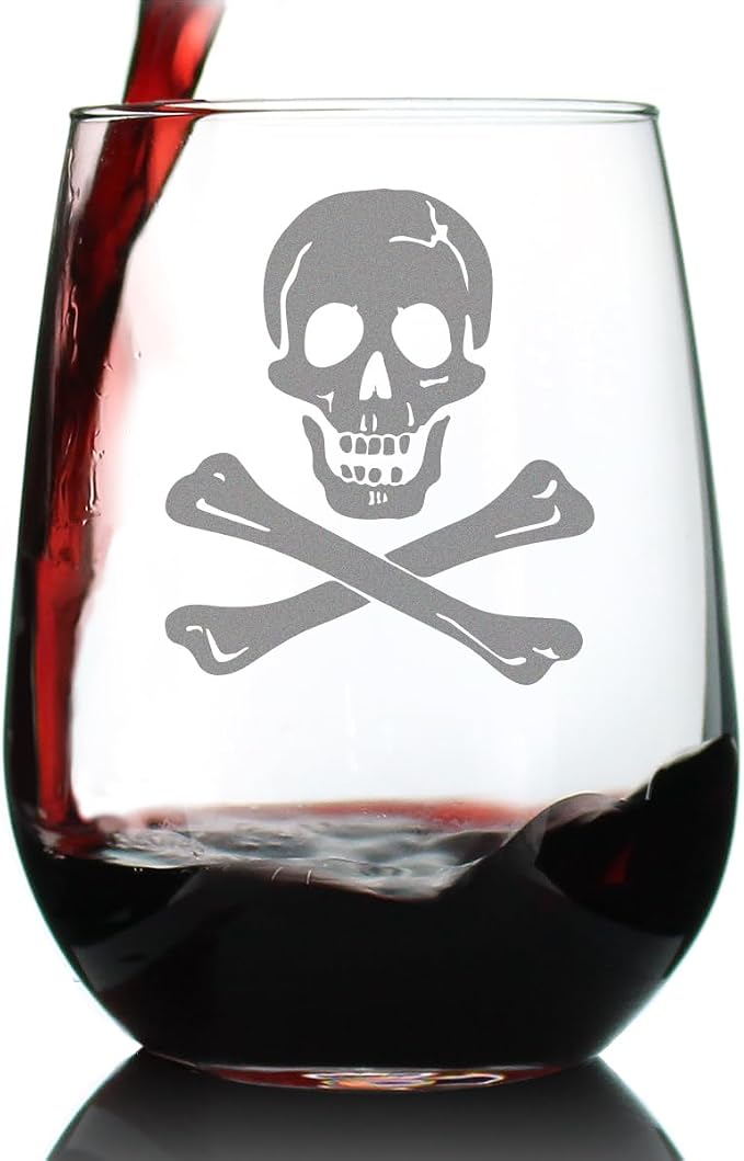 Bevvee Skull and Crossbones Stemless Wine Glass - Skull Decor and Jolly Roger Flag Gifts - Large 17 Oz Glasses
