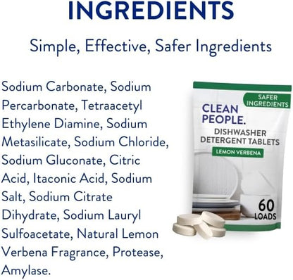 The Clean People Dishwasher Tablets - Cuts Grease & Rinses Sparkling Clean - Residue-Free - Phosphate Free Dishwashing Tablets (60 Count, Lemon Verbena)