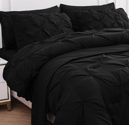 Lane Linen Full Size Comforter Sets, 7 Piece Bed in a Bag Full Size, Soft Full Size Bed Set, Pintuck Bedding Comforter Sets Full Size, Full Size Comforter Sets with Sheets, Pillowcases & Shams - Black