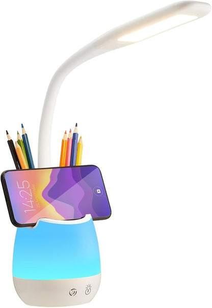 Donewin Rechargeable LED Desk Lamp with Color Changing Light, Pen and Phone Holder - Perfect Study and Reading Lamp for Kids, Teens, and Students - Great Gift for College Dorm Rooms