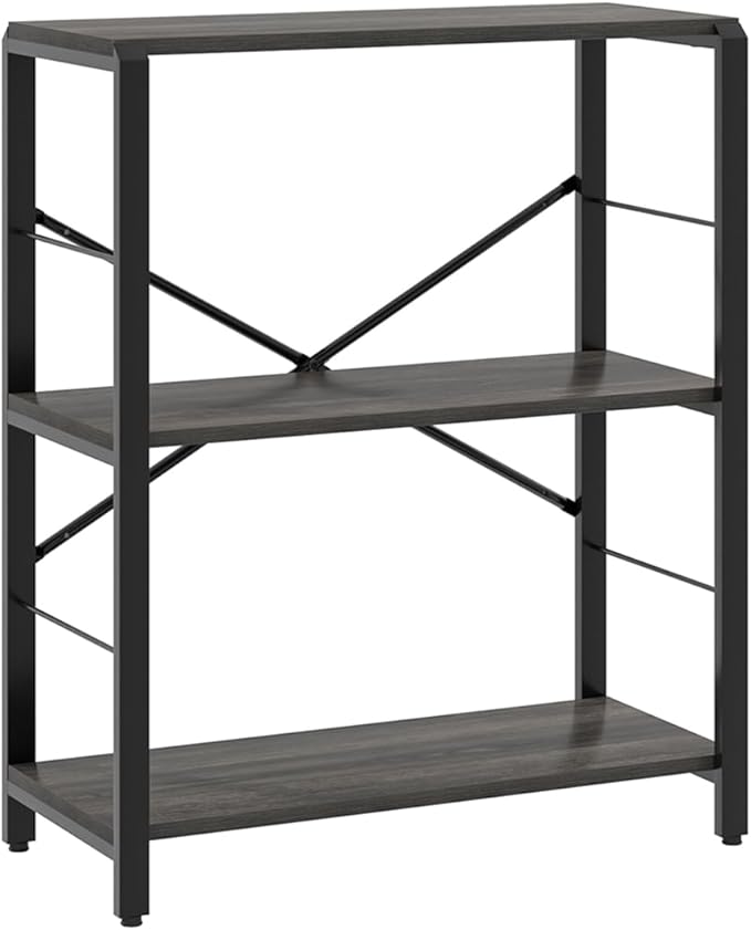 FOLUBAN Industrial Small Bookshelf, 3 Tier Low Short Book Shelf, Metal and Wood BookCase for Small Spaces, Bedroom Living Room, Dark Gray