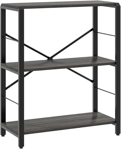 FOLUBAN Industrial Small Bookshelf, 3 Tier Low Short Book Shelf, Metal and Wood BookCase for Small Spaces, Bedroom Living Room, Dark Gray