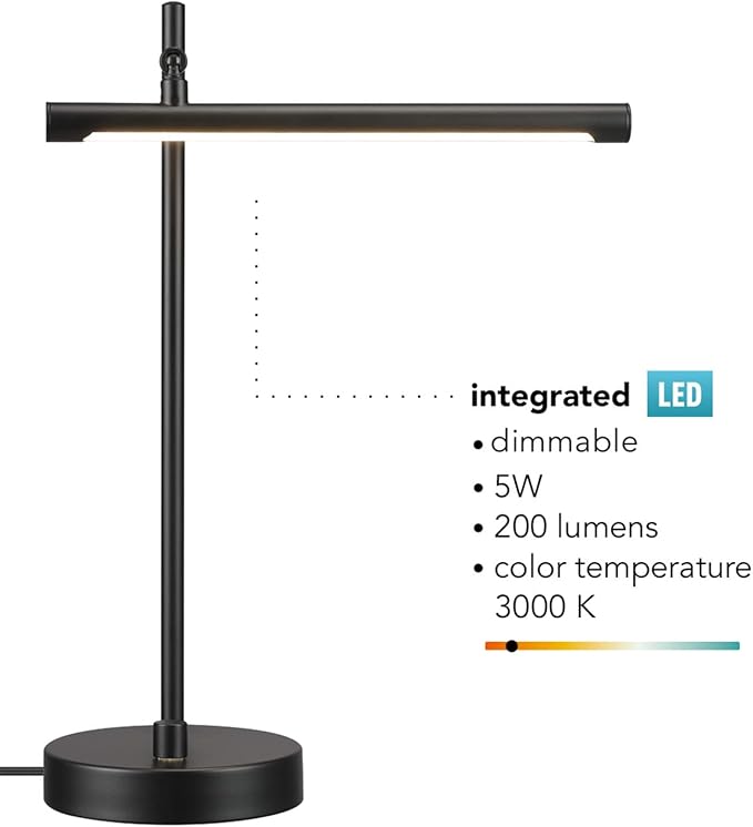 Globe Electric 62000004 15" 5 W LED Integrated Desk Lamp, Matte Black, Push Button Dimmer Rotary Switch, 200 lumens, 3000K, Pivot Joint, LED Desk Light, Adjustable Lamp, Desk Lamp for Home Office