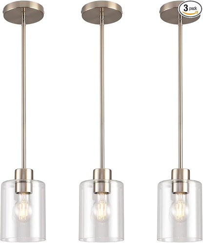 Brushed Nickel Pendant Lights Kitchen Island - Clear Glass Pendant Light Fixture Multiple Stems Rods 3 Units 12 Inch 3 Units 4 Inch (3 Pack Brushed Nickel)