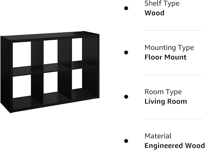 ClosetMaid 6 Cube Storage Shelf Organizer Bookshelf with Open Back, Vertical or Horizontal, Easy Assembly, Wood, Black Finish