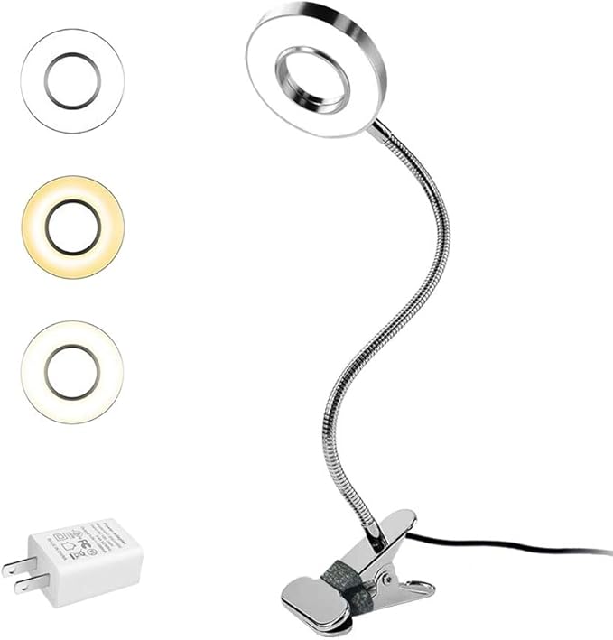 LED Reading Light, Dimmable Clamp Light for Bed Headboard, Bedroom, Office, 3 Modes & 9 Dimming Levels, Flexible Clip Desk Lamp, Adapter Included (Mattesilver)