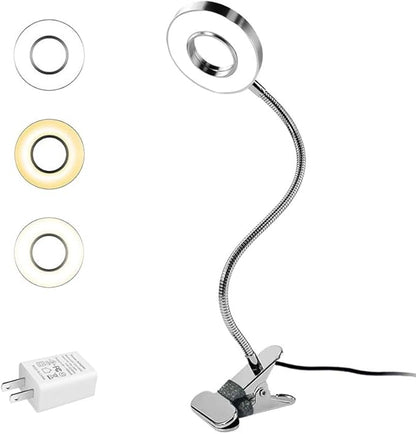 LED Reading Light, Dimmable Clamp Light for Bed Headboard, Bedroom, Office, 3 Modes & 9 Dimming Levels, Flexible Clip Desk Lamp, Adapter Included (Mattesilver)