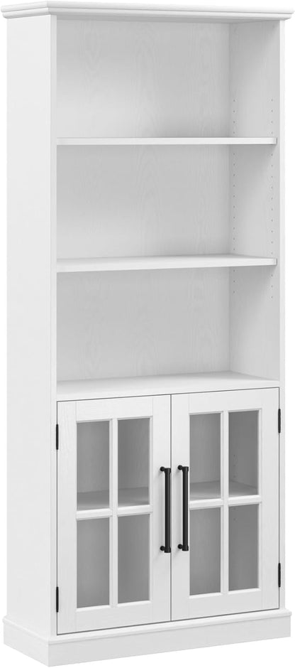 Bush Furniture Westbrook Tall 5 Shelf Bookcase with Glass Doors in White Ash | Farmhouse Bookshelf Cabinet for Living Room and Home Office