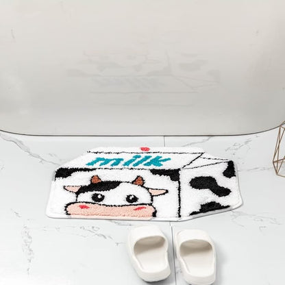 Milk Cow Bathroom Rugs Milk Box Shaped Animals Non Slip Cute Bath Rug Soft Absorbent Microfiber Bathtub Door Mat for Bathroom Kitchen Floor Tub Shower Rug Black White