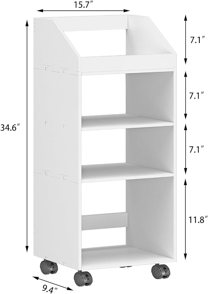 4-Tier Mobile Bookshelf, White Bookcase with Wheels, Rolling File Holder Desk File Book Organizer for Home Office Living Room School