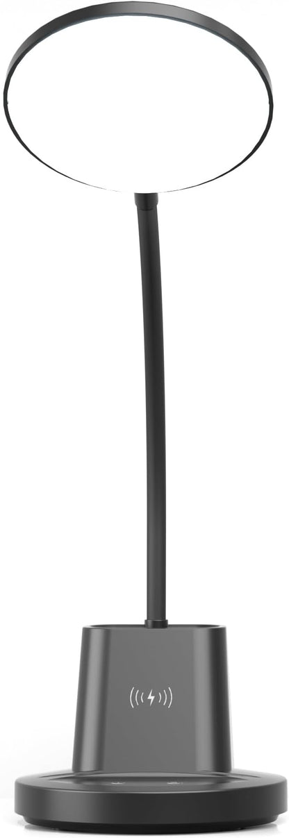 Sailstar Desk Lamp, Desk Lamps for Home Office with Wireless Charger & Pen Holder, 800 Lumens Gooseneck 3 Modes Dimmable Touch Circular LED Desk Light, Small Desk Lamp for College Dorm Room, Black
