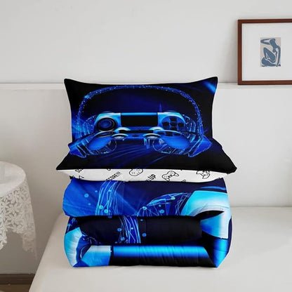 Gamer Bedding Set Kids Video Game Gamepad Comforter Set for Boys Teens Gaming Headset Comforter Breathable Blue Game Controller Duvet Set Room Decor Quilt Set Full Size
