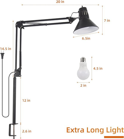 Desk Lamp for Home Office Eye-Caring Metal Extra Long Swing Arm Stable Clamp Flexible Gooseneck A19 E26 Bulb included as Table Working Reading Aesthetic Computer Versatile Light