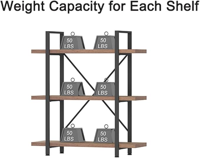 HSH Industrial 3 Tier Book Shelf, Modern Small Wood and Metal 3 Shelf Bookcase Etagere, Farmhouse Open Low 3 Tier Bookshelf and Display Storage Shelves for Bedroom Living Room Office, Rustic Oak