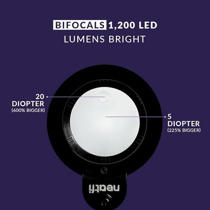 Neatfi XL Bifocals 1,200 Lumens Super LED Magnifying Lamp with Clamp, 3 Light Modes, Correlated Color Temperature Control (3000K-4500K-6000K), 12W, 120 Pcs SMD LED (Black, 6 Inch Lens)