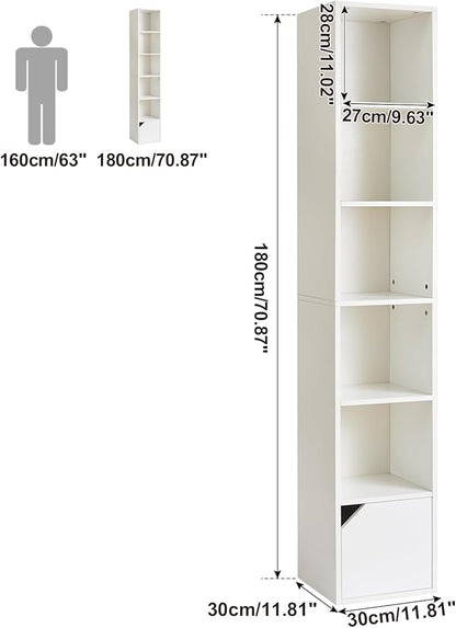 IBUYKE 6 Tier Tall Narrow Bookcase, Modern White Corner Bookcase with Doors Storage,Cube Media Tower Rack,Cabinet,Floor Standing Display Storage Shelves for Small Spaces,for Home Office White UWBC001W