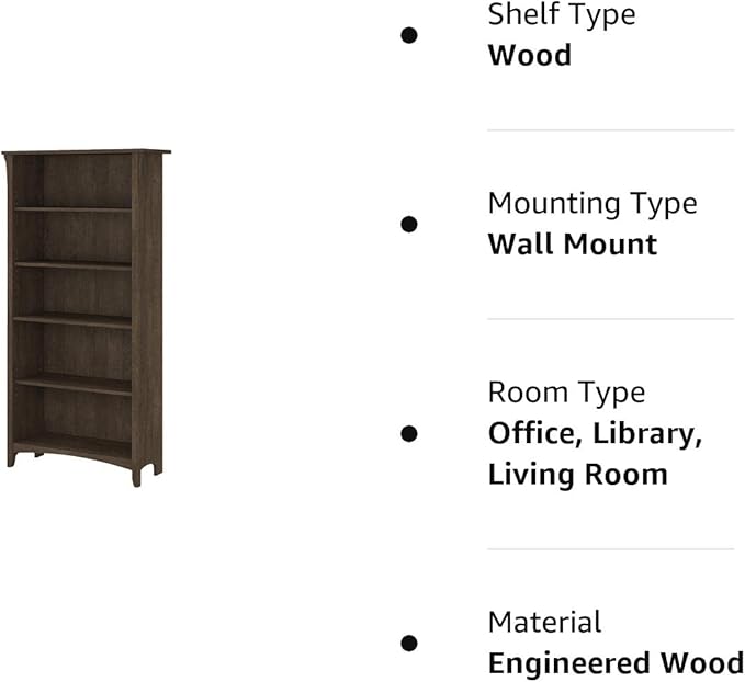 Bush Furniture Salinas Tall 5 Shelf Bookcase in Ash Brown
