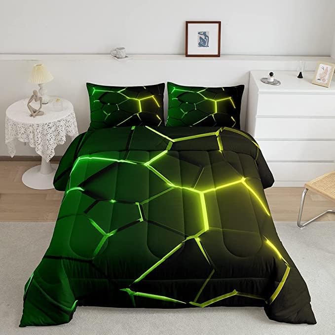 Honeycomb Comforter Green Yellow Hexagonal Print Bedding Set for Kids Boys Girls Children Beehive Geometrical Comforter Set Ultra Soft Decor Reticulated Duvet Set King Size