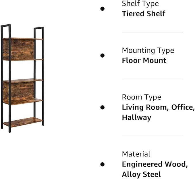 VASAGLE 5-Tier Bookshelf, Book Shelf, Industrial Bookcase, with Steel Frame, for Living Room, Home Office, Bedroom, 9.4 x 24.4 x 65 Inches, Rustic Brown and Black ULLS025B01