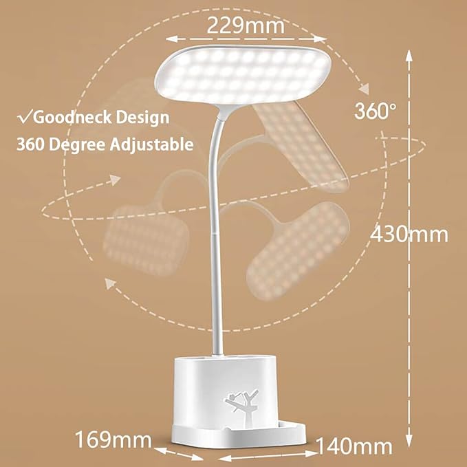 Desk Lamps for Home Office, 3 Light Colors Dimmable Desk Light Led Desk Lamp with Charger, Battery Operated Desk Lamp for Desk, Study Lamp with Pen & Phone Holder,White Led Desk Lamps for Home Office