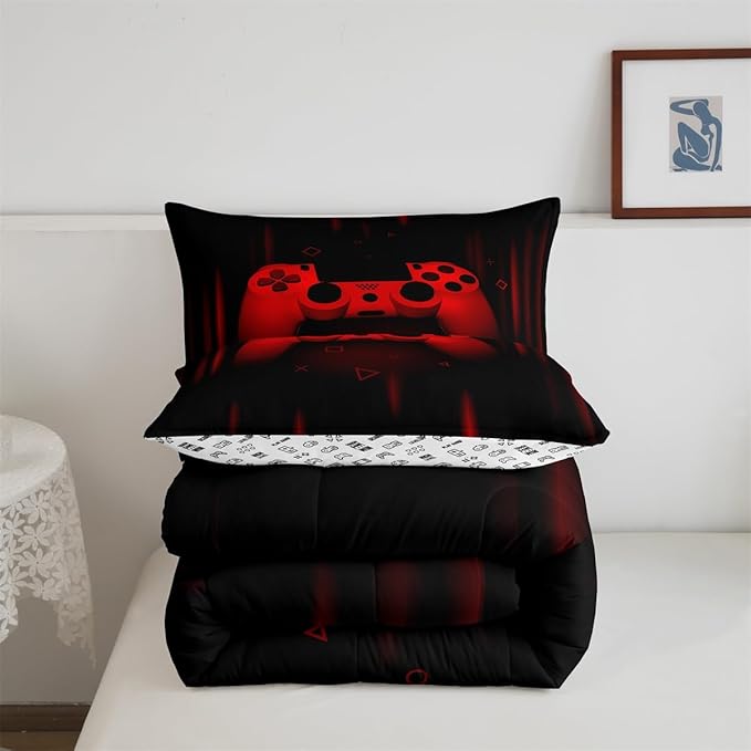 Feelyou Queen Comforter Set for Boys Gamer Bedding Set for Boys Kids Gaming Comforter Red Black Teen Child Gamer Room Decor Soft Game Geometric Duvet Quilted 1 Comforter with 2 Pillowcases Gamer Gifts