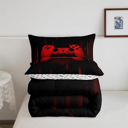 Feelyou Twin Comforter Set for Boys Gamer Bedding Set for Boys Kids Gaming Comforter Red Black Teen Child Gamer Room Decor Soft Game Geometric Duvet Quilted 1 Comforter with 1 Pillowcase Gamer Gifts
