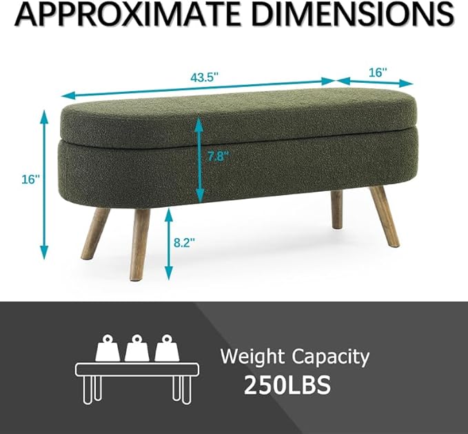 Oval Storage Bench 43.5" Linen Fabric Upholstered Entryway Bench with Solid Wood Legs Ottoman Bench Indoor Bench for Living Room/Bedroom/End of Bed/Entryway (Dark Green)