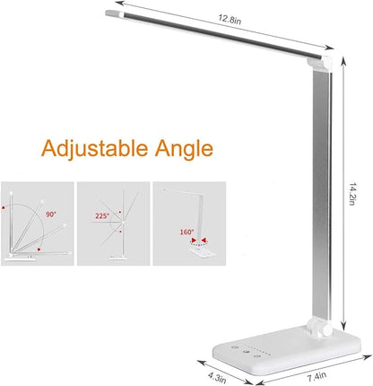 LED Desk Lamp Dimmable Table Lamp Reading Lamp with USB Charging Port, 5 Lighting Modes, Sensitive Control, 30/60 Minutes Auto-Off Timer, Eye-Caring Office Lamp (White)