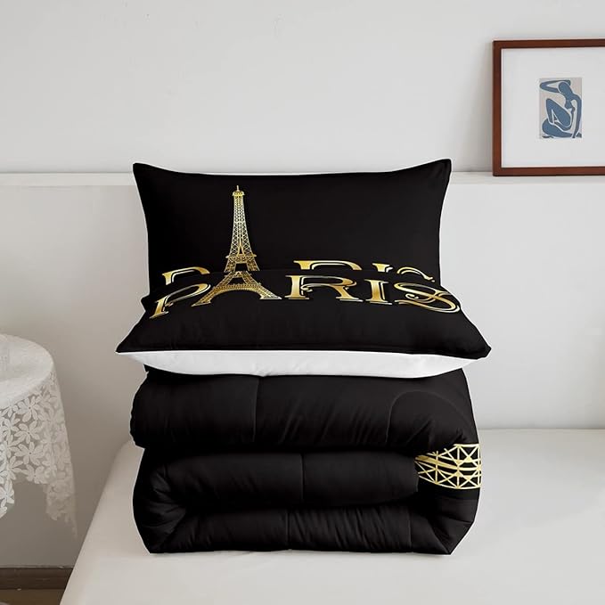 Erosebridal Eiffel Tower Comforter Set, City Building of Paris Bedding Set Queen Size, Gold Black Duvet Sets for Kids Boys Girls Teens Bedroom, Soft Microfiber Bedding Comforters with 2 Pillow Cases