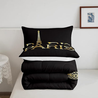 Erosebridal Eiffel Tower Comforter Set, City Building of Paris Bedding Set Full Size, Gold Black Duvet Sets for Kids Boys Girls Teens Bedroom, Soft Microfiber Bedding Comforters with 2 Pillow Cases