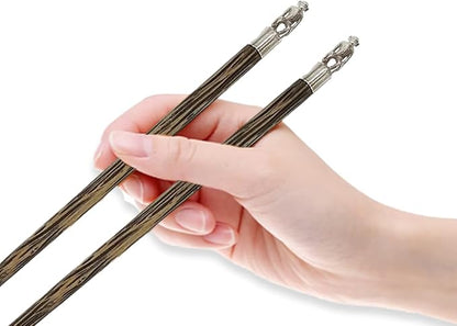 Wooden Chopsticks 9⅞" Long Coconut Palm Wood Chopstick With Metal Monkey Top Eating Utensil Oriental Cutlery Asian Tableware Decorative Dinnerware to Serve Chinese Japanese Korean Food