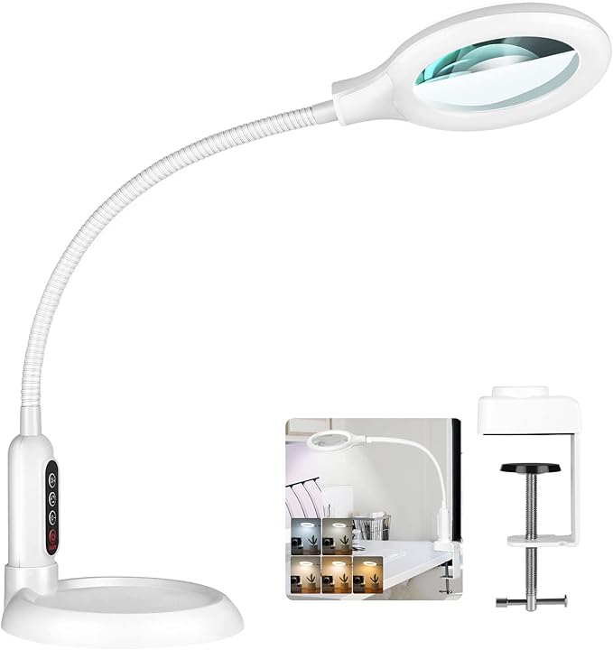 8X Magnifying Glass with Light and Clamp, 5 Color Modes Stepless Dimmable Lighted Magnifier with Stand, Flexible Gooseneck LED Desk Lamp Hands Free for Craft Painting Hobby Close Work - White