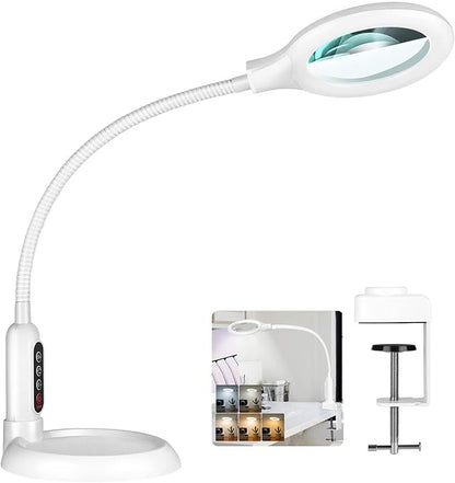 8X Magnifying Glass with Light and Clamp, 5 Color Modes Stepless Dimmable Lighted Magnifier with Stand, Flexible Gooseneck LED Desk Lamp Hands Free for Craft Painting Hobby Close Work - White