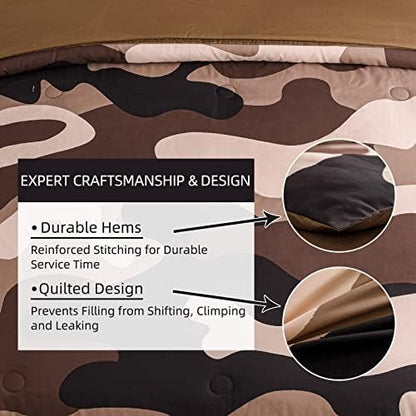 Meeting Story Camouflage Bedding Set, Colorful Pattern Style Comforter Set, 5 PCS One Comforter Two Pillowcases Two Sheets in One Bag, All Season Bedspread for Teens Adults (Coffee, Queen 5Pcs