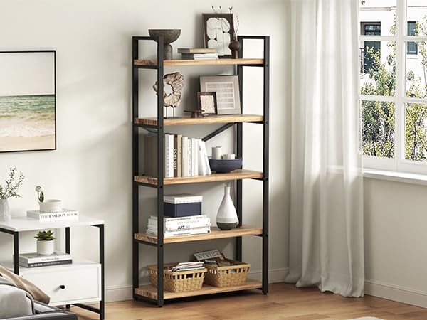 5 Tier Solid Real Wood Bookshelf Rustic Industrial Style, Wooden Storage Shelves Etagere Bookcase Book Shelf Display Shelf for Home Office, Dark Brown