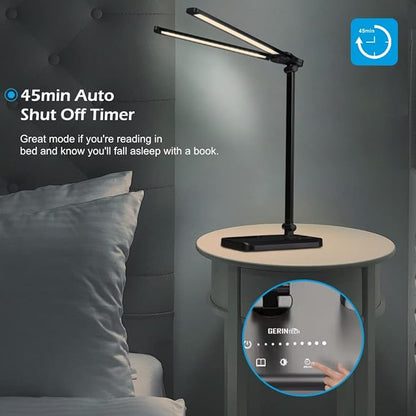 GERINTECH Dual Shade LED Desk Lamp with USB Charging Port & Pen Holder, Bright Table Lamp with Auto Shut-off Timer, 10 Adjustable Brightness, 5 Color Modes (Black)