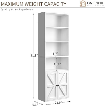 oneinmil 6 Tier Bookshelf and Bookcase, Wooden Bookshelves with Cabinet Doors, Floor Bookshelves and Office Storage Cabinets for Home Office, Living Room,White