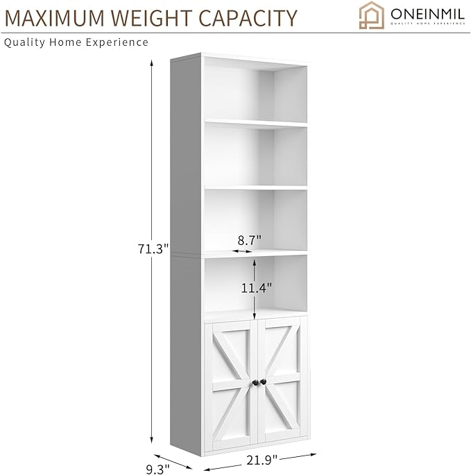 oneinmil 6 Tier Bookcase Set of 2,Wooden Bookshelves with Cabinet Doors, Floor Bookshelf and Office Storage Cabinets for Home Office, Living Room,White
