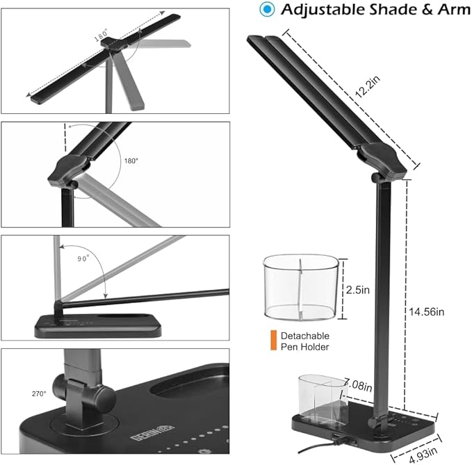 GERINTECH Dual Shade LED Desk Lamp with USB Charging Port & Pen Holder, Bright Table Lamp with Auto Shut-off Timer, 10 Adjustable Brightness, 5 Color Modes (Black)