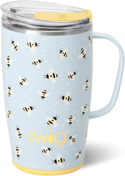 Swig Life 18oz Insulated Travel Mug with Handle & Lid, Busy Bee | Triple Insulated Stainless Steel - Handle & Lid Included - Keeps Coffee Hot or Cold - Cup Holder Friendly