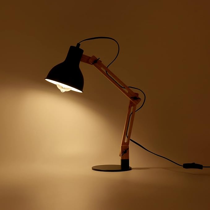 FIRVRE Swing Arm Desk Lamp, Retro Desk Lamp with Adjustable Goose Neck, Architect Wooden Desk Lamp for Bedroom Study Home Office