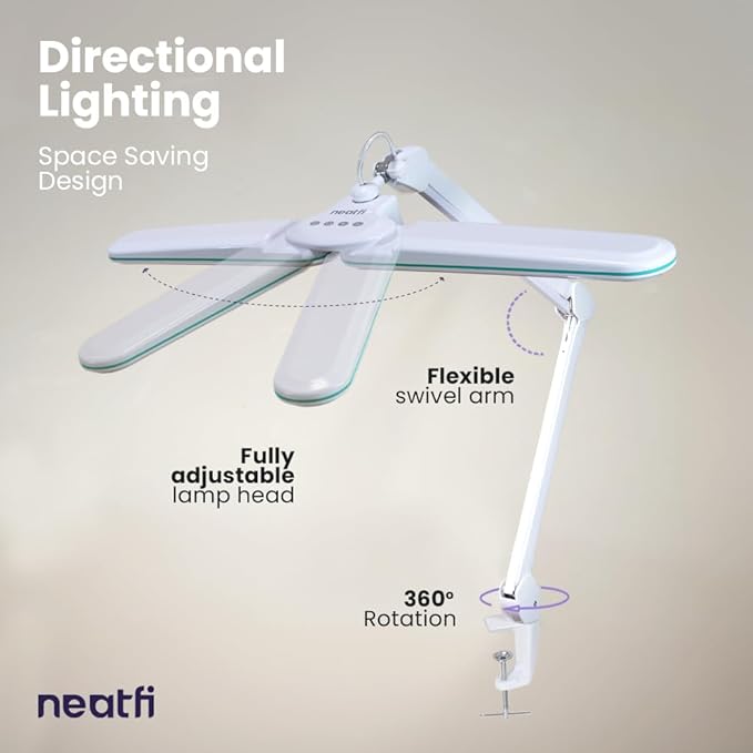 Neatfi Elite HD XL Task Lamp, 3 Light Modes, 90PCS SMD LED, Super Bright Desk Lamp, Eye-Caring LED Lamp, Non-Polar Dimming, Adjustable Brightness Levels (CCT with Clamp, Blue Ring, 17 Inches)