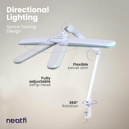 Neatfi Elite HD XL Task Lamp, 3 Light Modes, 90PCS SMD LED, Super Bright Desk Lamp, Eye-Caring LED Lamp, Non-Polar Dimming, Adjustable Brightness Levels (CCT with Clamp, Blue Ring, 17 Inches)