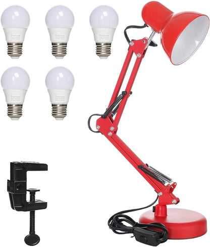 Led Desk Lamp with Clamp - Swing Arm Desk Lamp with 5 LED Cold Light Bulbs 6500K - Folding Table Lamp，Used for Office, Work, Study, Dormitory Reading and Eye Protection Desk Lamp (Red-5)