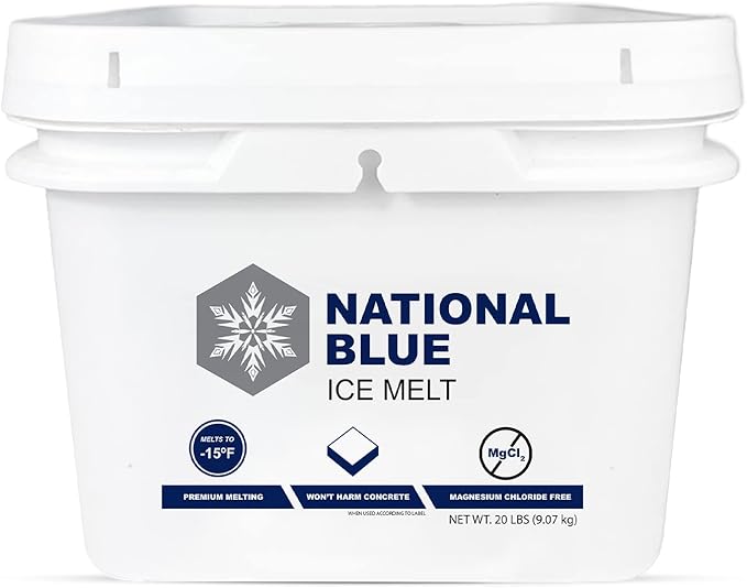 National Blue Snow Salt Ice Melt 20lb Bucket - Fast Acting Ice Melter - Pet, Plant and Concrete Friendly, Environmentally Safe - Free of Magnesium Chloride - Melts to -15°F